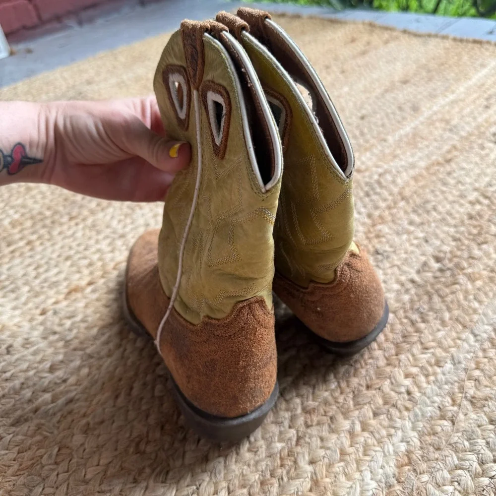 Ariat Kids Brown Roughout Lime Green Western Cowboy Boots Size 1.5 Country